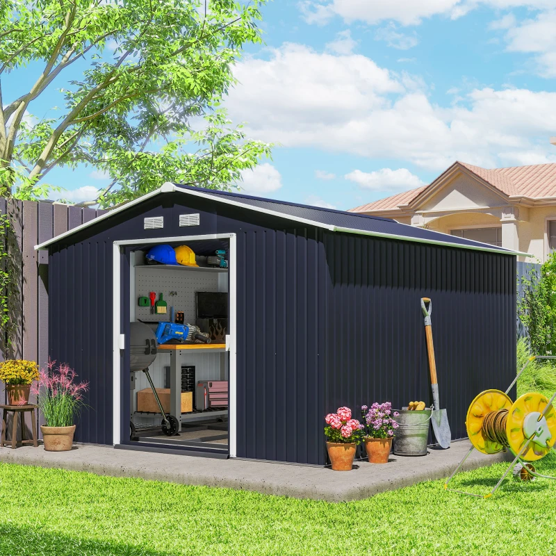 Outsunny Magazie de Depozitare de 11 x 9 din Metal pentru Unelte de Gradina cu Usi Glisante Duble si 4 Orificii de Aerisire(m-10)
