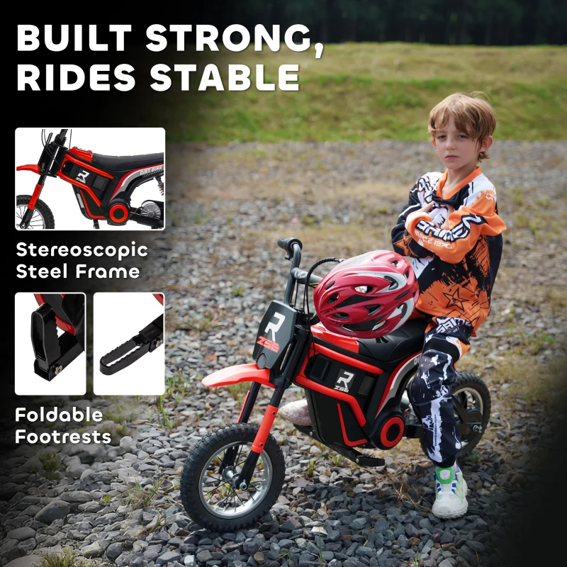 HOMCOM Elektrische Kindermotorfiets, 24V met Toeter en Verlichting, Draaigashendel, 8-16 km/u, 8-12 Jaar, Rood(m-9)