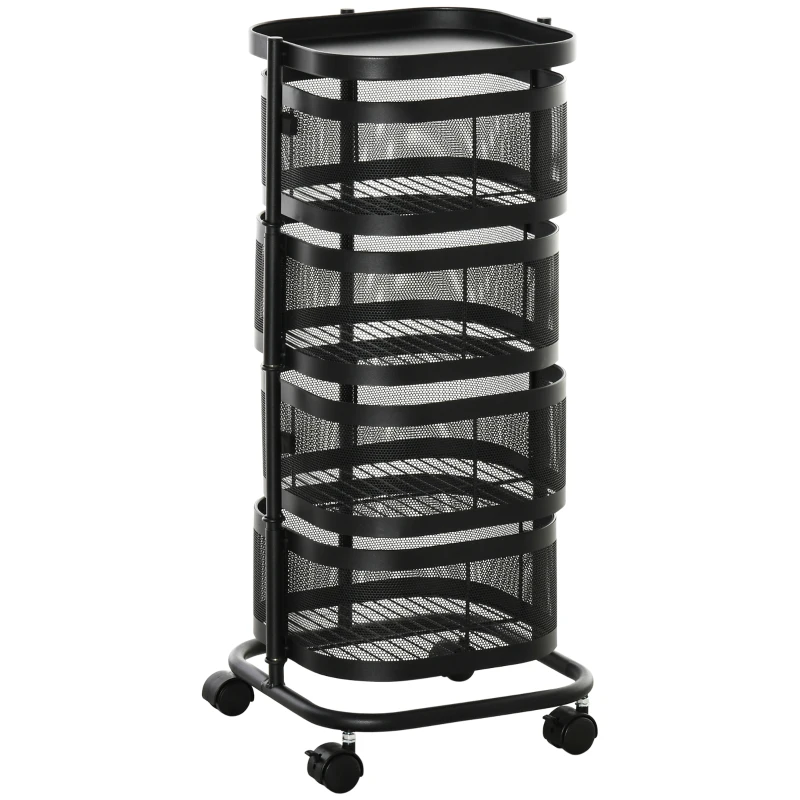 HOMCOM Carrinho Auxiliar com Rodas de 5 Níveis com 4 Cestas de Armazenamento Rotativas a 270° 33x33x77 cm Preto