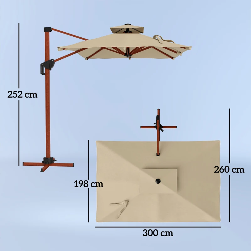 Outsunny Chapéu de Sol Excêntrico 300x198x252 cm com Manivela Inclinação Ajustável Duplo Teto e Base Cruzada Giratória 360° Caqui