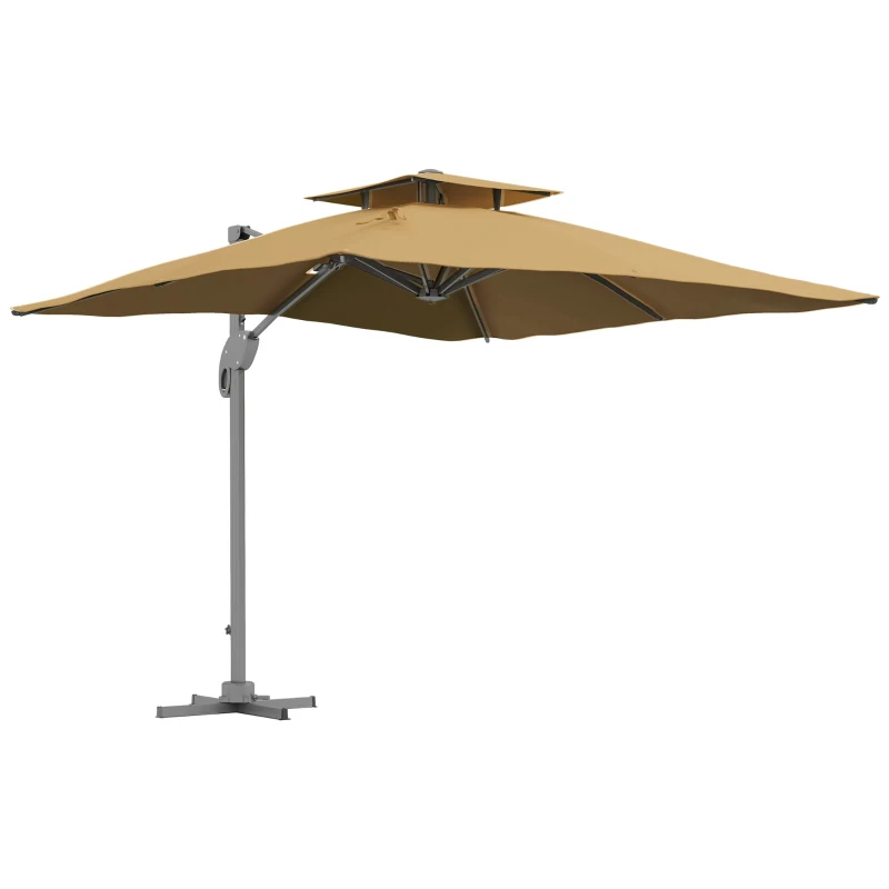 Outsunny Garden Parasol, 3(m) Cantilever Parasol with Hydraulic Mechanism, Dual Vented Top, 8 Ribs, Cross Base, Khaki