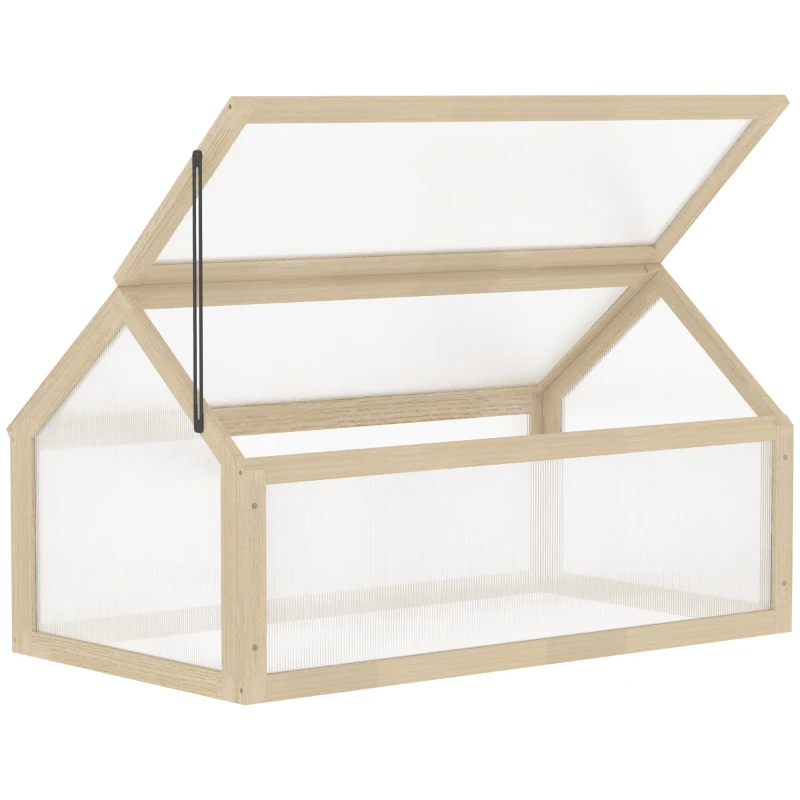Outsunny Mini-Gewächshaus, Kompaktes Pflanzenhaus aus Holz, Polycarbonat-Platten, Belüftungsöffnung, 90L x 52B x 49,5H cm, Natur