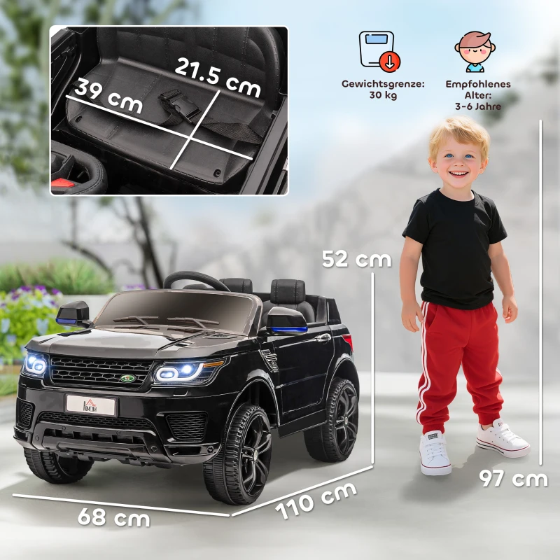 HOMCOM SUV voor elektrische auto's voor kinderen, tot 5 km/u, met veiligheidsgordel, afstandsbediening, koplampen, zwart(m-3)