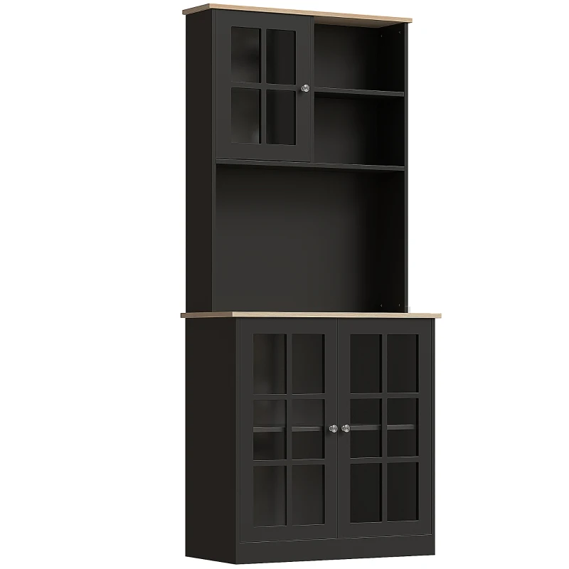 HOMCOM Armário de Cozinha com Prateleiras e Portas de Vidro Armário Alto de Cozinha para Pequenos Eletrodomésticos e Louças 80x37x183 cm Preto
