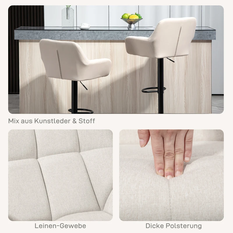 HOMCOM Barhocker 2-achterset Retro-Design Verstelbaar Kunstleer Linnenlook Crème + Zwart(m-6)