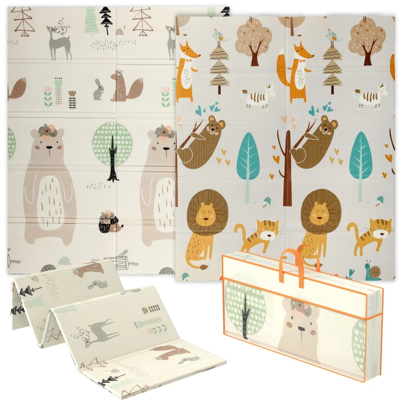 AIYAPLAY Animal-Themed Baby Plat Mat Double Sided, Foldable, Water-Resistant for Outdoor/Indoor, 177 x 146 x 1.5cm