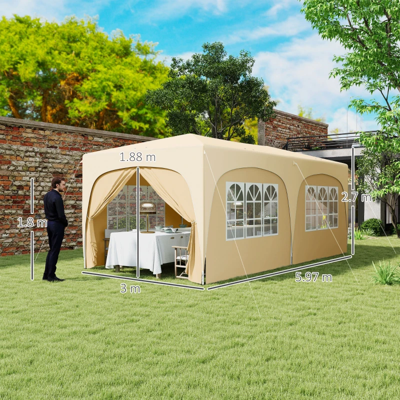 Outsunny 3 x 6 m Pop-up Paviljoen met Zijwanden, UPF50+ Hoogteverstelbaar Tuinpaviljoen met Draagtas en Zandzakken