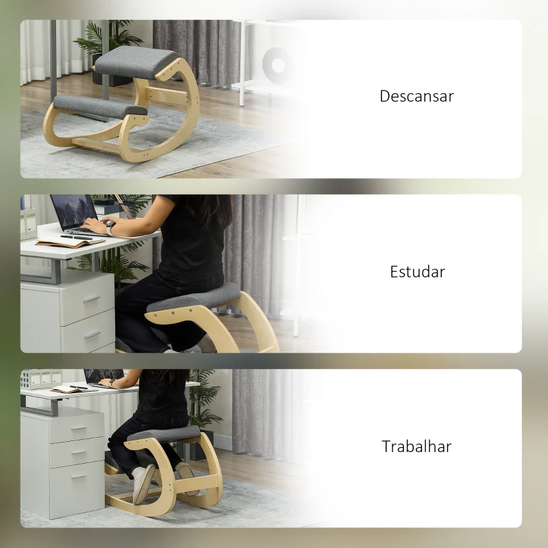 HOMCOM Cadeira Ergonómica de Joelhos com Almofadas Acolchoadas Estrutura de Madeira para Melhor Postura Escritório 55x85x55 cm Cinzento