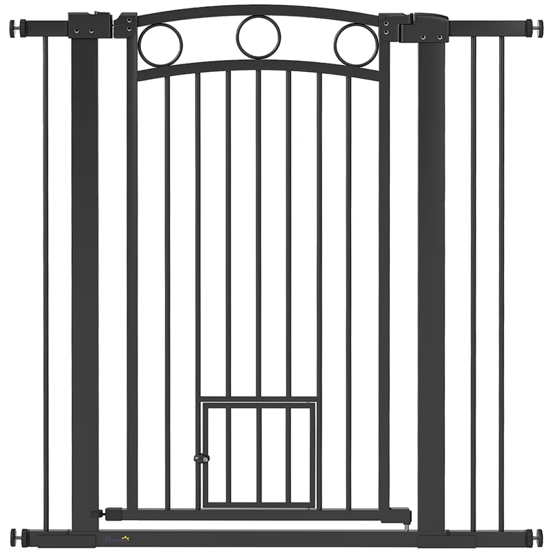 PawHut 106 cm hoog huisdierenhek met aanpasbare breedte, ingebouwde kattendeur, voor trappen en deurposten, Zwart