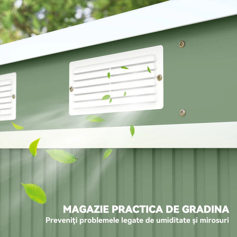 Outsunny Magazie de gradina din otel cu acoperis inclinat, usa glisanta dubla si orificii de aerisire, 213x130x173 cm, verde(m-7)