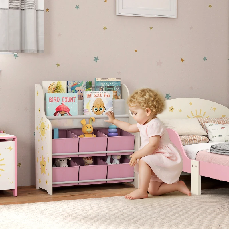 AIYAPLAY Étagère à Jouets avec 6 Tiroirs en Tissu et Étagère à 2 Niveaux, en Bois et Acier, 63x30x71 cm, Rose