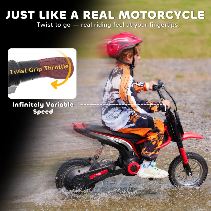 HOMCOM Elektrische Kindermotorfiets, 24V met Toeter en Verlichting, Draaigashendel, 8-16 km/u, 8-12 Jaar, Rood(m-4)