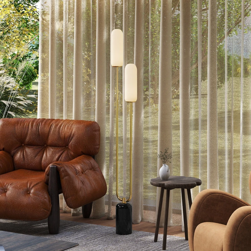 HOMCOM Lampadar de podea lampadar cu 2 abajururi din sticlă, bază de marmură și întrerupător de picior, alb