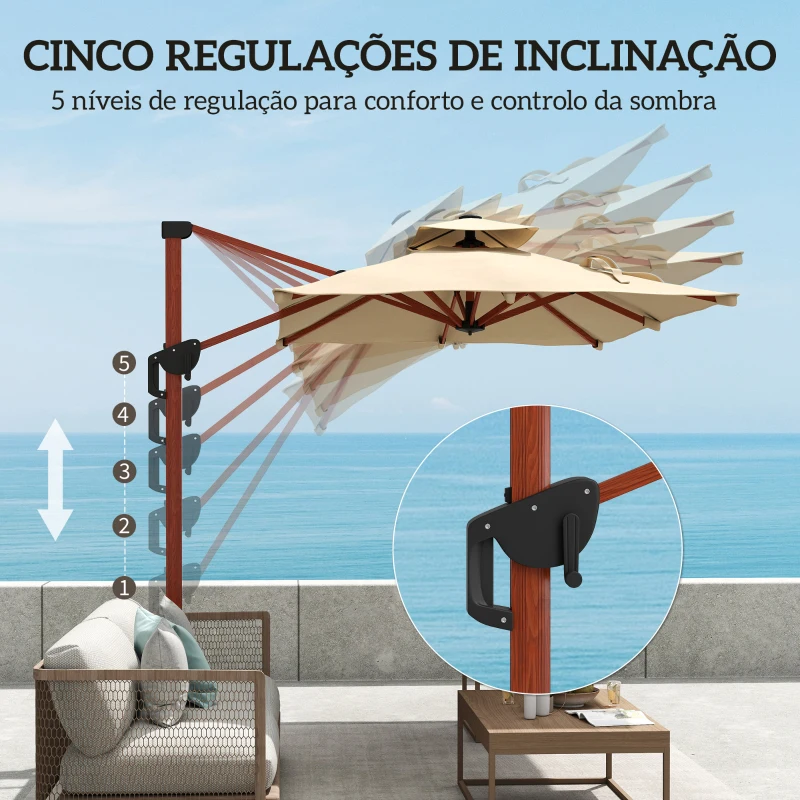 Outsunny Chapéu de Sol Excêntrico 300x198x252 cm com Manivela Inclinação Ajustável Duplo Teto e Base Cruzada Giratória 360° Caqui
