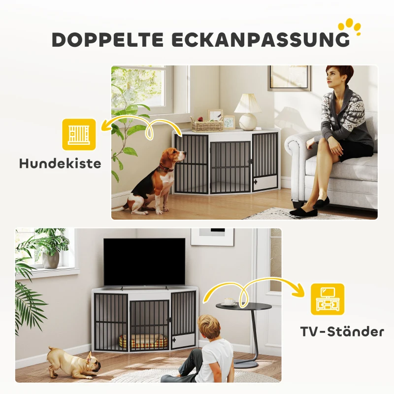PawHut Hondenbox, Schuilbox voor Kleine en Middelgrote Honden, Huisdierbox met Voedingsdeur, MDF, Metaal, Wit(m-4)