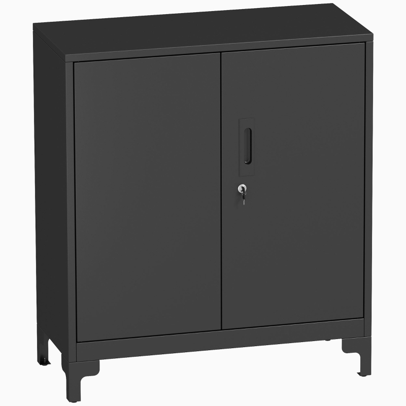 HOMCOM Büroschrank aus Metall, verschließbare Türen, Bürokommode, 2-stufiges Design, Schwarz