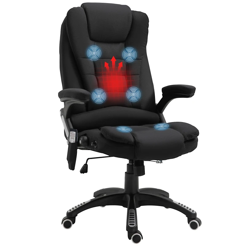 Vinsetto Fauteuil de bureau massant et chauffant, chaise de bureau, chaise ergonomique avec hauteur réglable, dossier inclinable et télécommande filaire, pivotant à 360° tissu en polyester noir