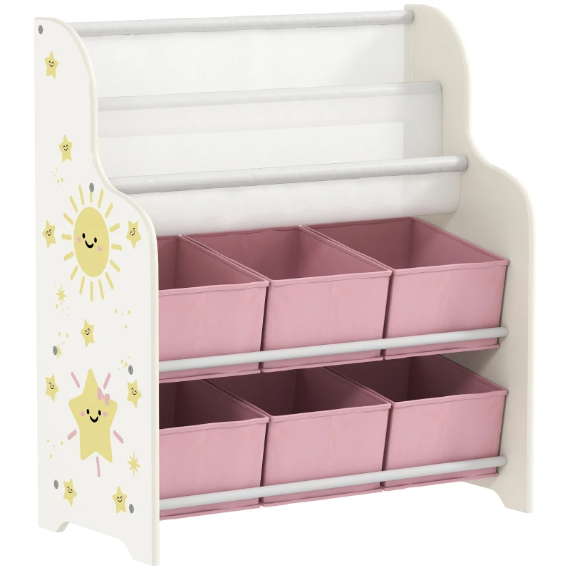 AIYAPLAY Spielzeugregal mit 6 Stoffschubladen und 2-stufigem Bücherregal, aus Holz und Stahl, 63x30x71 cm, Rosa