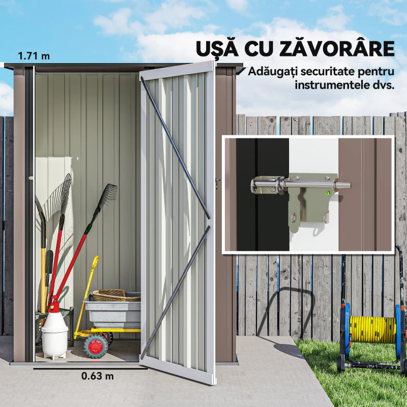 Outsunny Sopron de Gradina din Otel Suport Scule, Magazie pentru Scule cu Incuietoare, 142x84x189cm, Maro