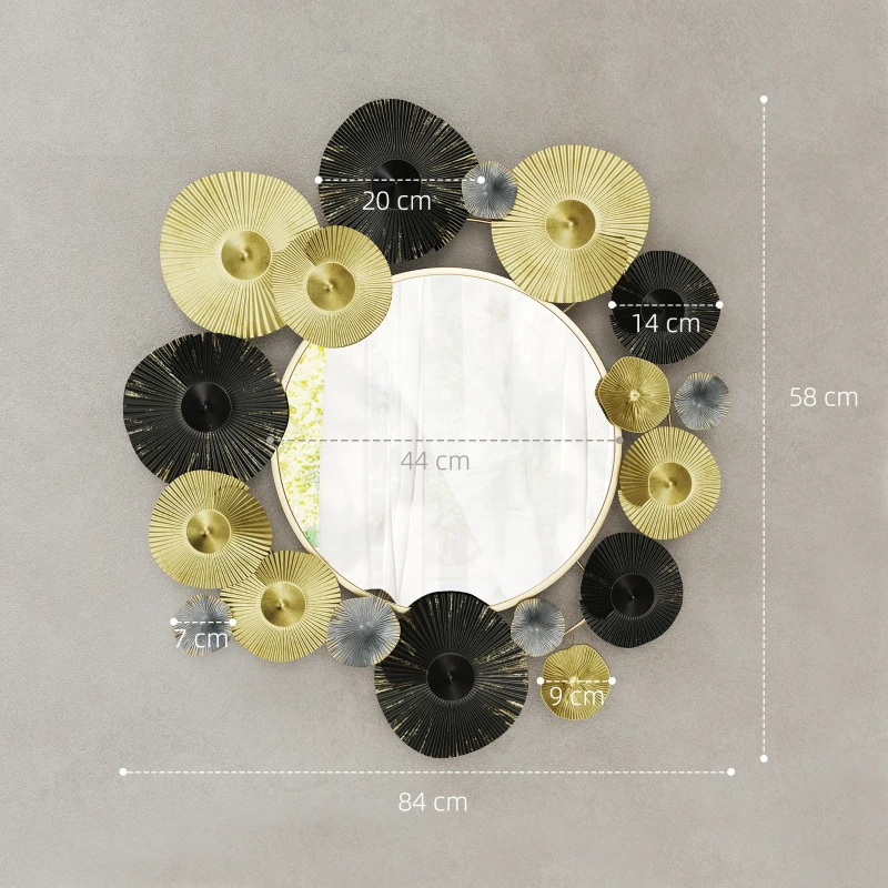 HOMCOM Adorno de Pared Metálico con Espejo Decorativo para Salon Dormitorio Pasillo 84x84 cm Dorado et Noir