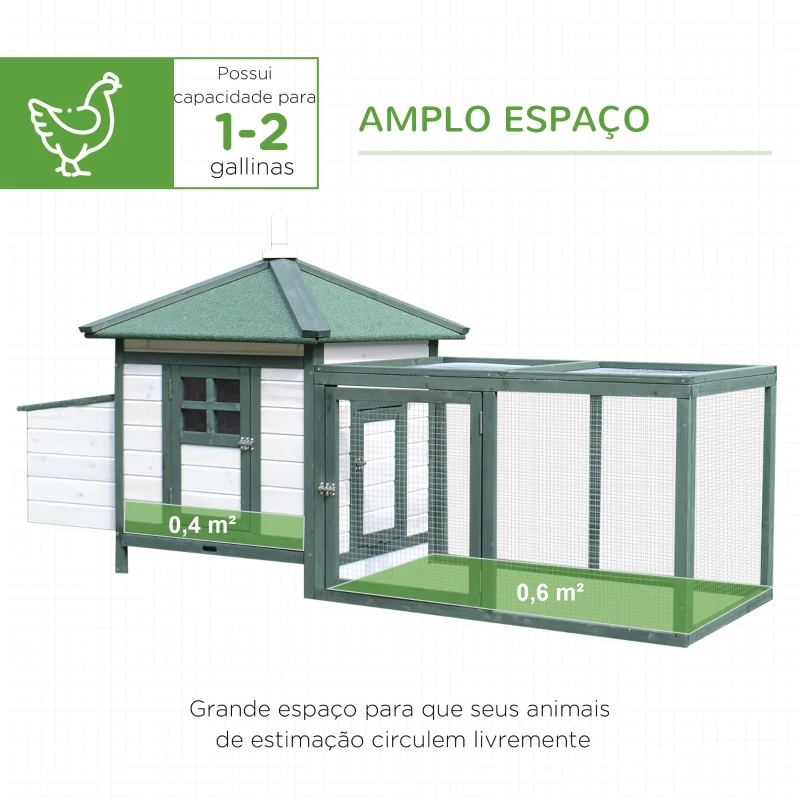 PawHut Galinheiro de Madeira de Abeto para Galinhas de Exterior com Caixa Ninho Bandeja e Espaço para Correr 196x76x97 cm Verde