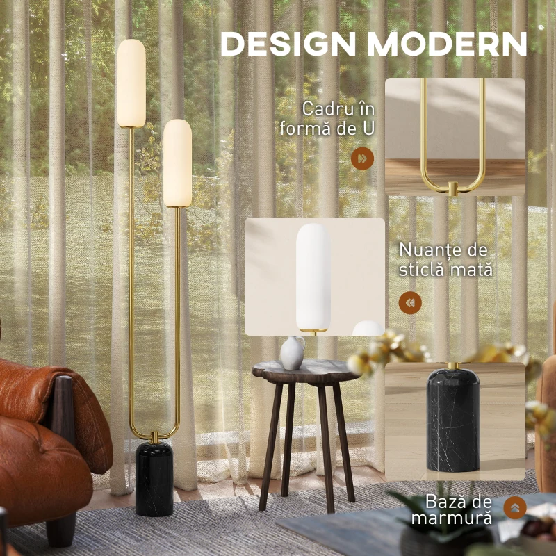 HOMCOM Lampadar de podea lampadar cu 2 abajururi din sticlă, bază de marmură și întrerupător de picior, alb