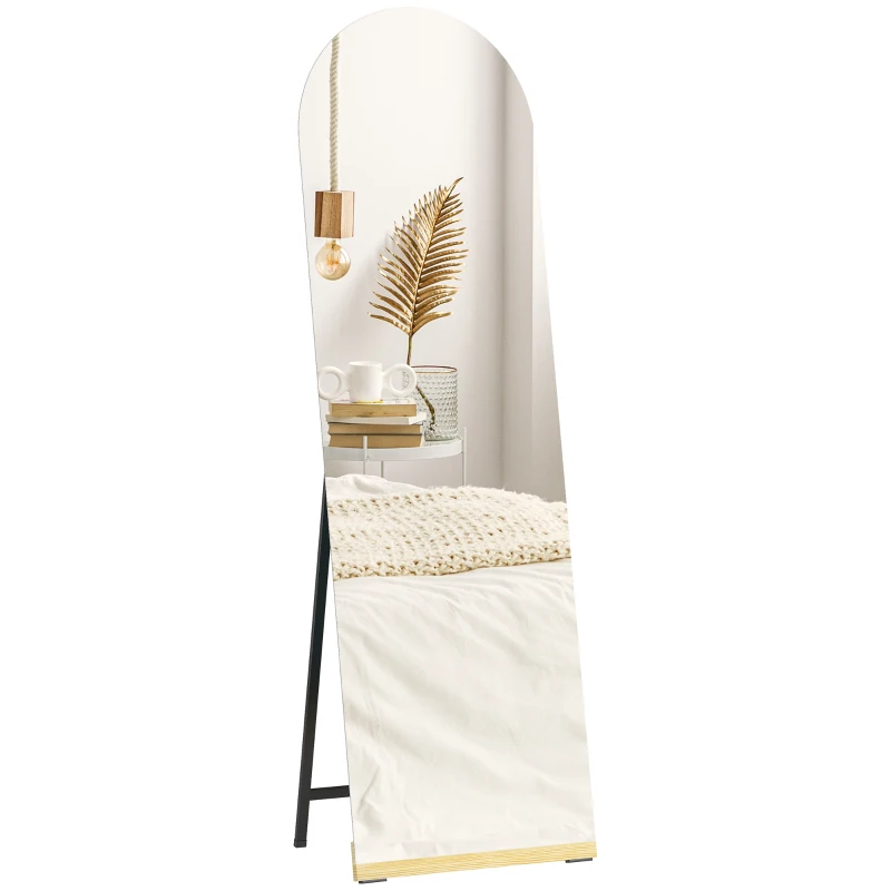 HOMCOM Ganzkörperspiegel Gebogen 160x50 cm ohne Rahmen Holzsockel Stehender oder Wandspiegel Transparent