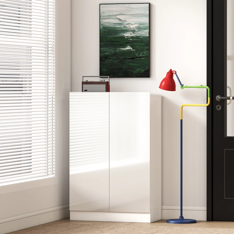 HOMCOM Meuble d'entrée avec 2 portes à fermeture douce et étagères ajustables pour 20 paires de chaussures Blanc Brillant