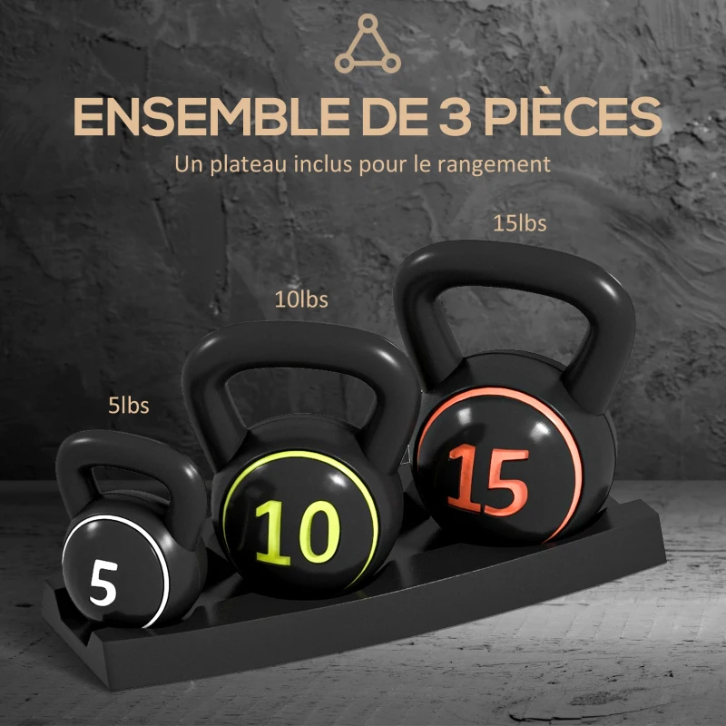 SPORTNOW Kettlebell Set, 3 Kettlebells 2,2kg/4,5kg/6,8kg, Kunststofomhulsel, Zwart