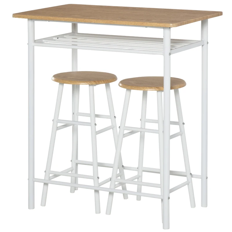 HOMCOM Ensemble table de bar avec tabourets, table à manger debout avec 2 chaises, étagère et pieds en métal, 80x50x90cm, blanc