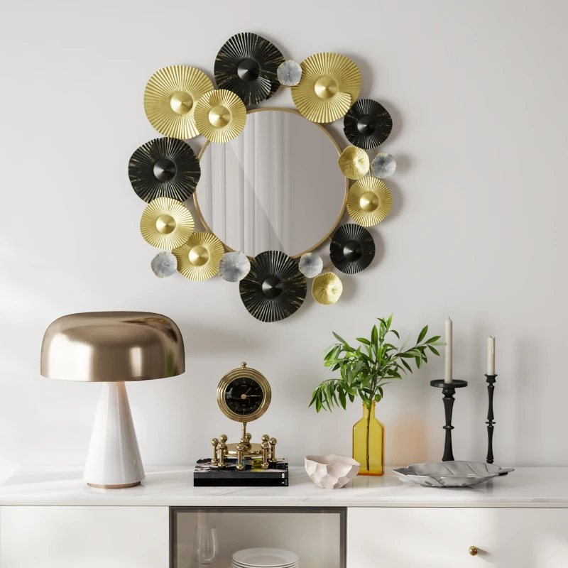 HOMCOM Metallische Wanddekoration mit Dekospiegel für Wohnzimmer Schlafzimmer Flur 84x84 cm Gold und Schwarz