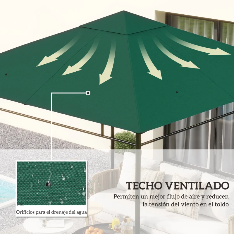 Outsunny Techo de Repuesto 300x300 cm para Cenador de Jardín Cubierta de Repuesto de Gazebo Pabellón Exterior con 8 Orificios de Drenaje y Ventilación Verde