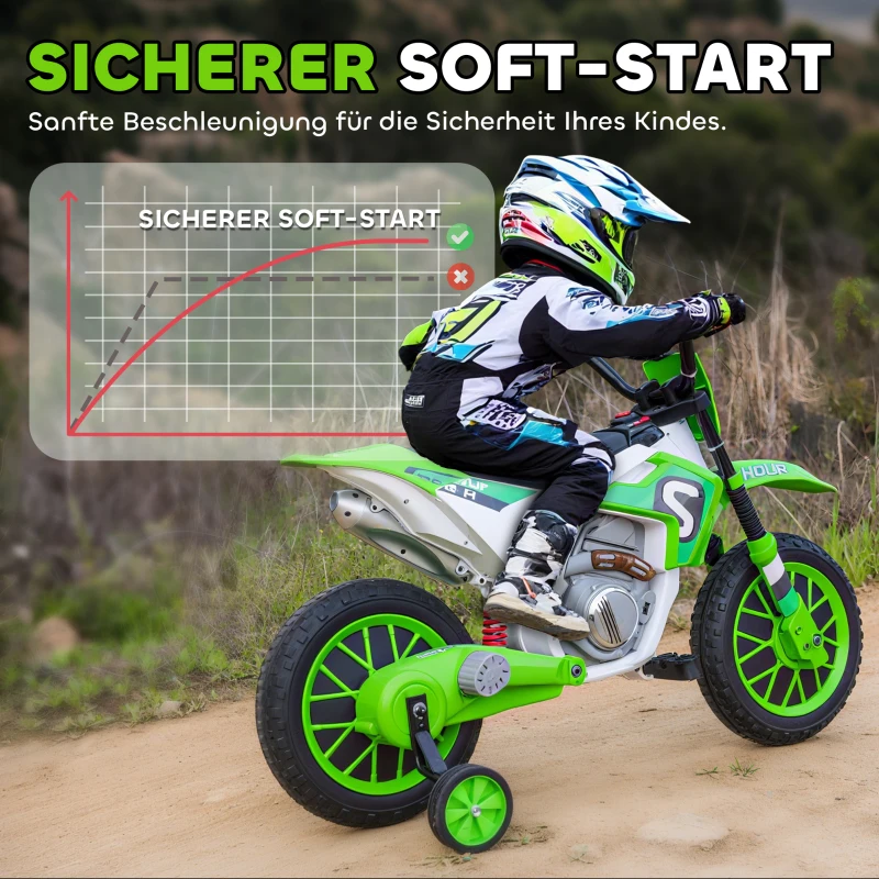 HOMCOM Kindermotorrad, Elektromotorrad, 45 Min Fahrzeit, mit Stützrädern, ab 3 Jahren, grün+weiß, 106,5 x 51,5 x 68cm