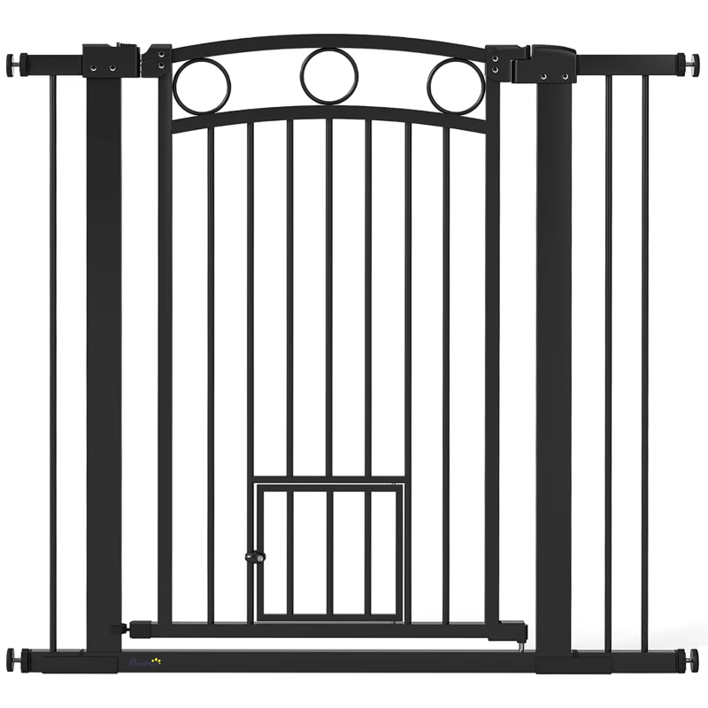 PawHut Huisdierscherm, 96 cm Treppenscherm, verstelbare breedte 76-104 cm, met katdeur, voor trappen en deuropeningen, Zwart