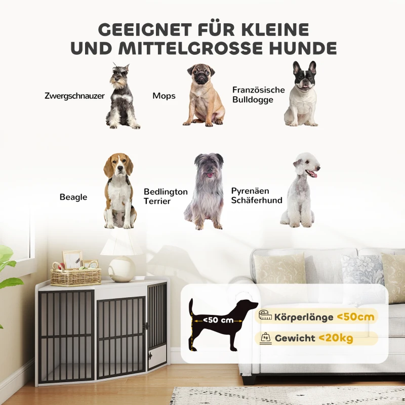 PawHut Hondenbox, Schuilbox voor Kleine en Middelgrote Honden, Huisdierbox met Voedingsdeur, MDF, Metaal, Wit(m-8)