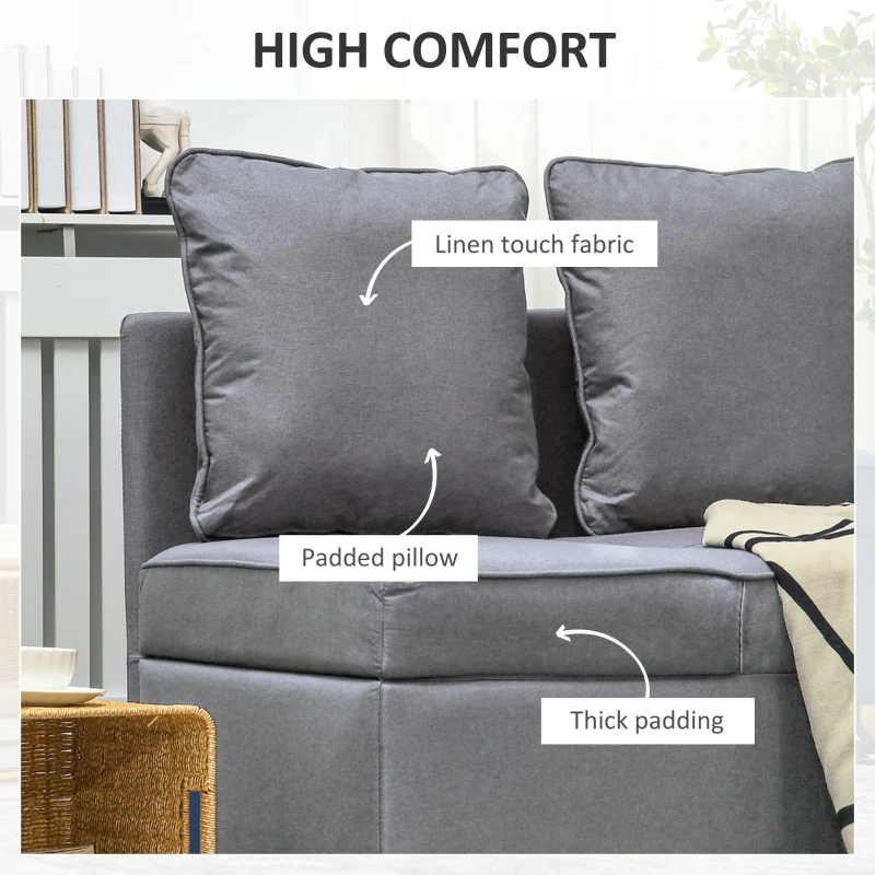 HOMCOM Fotel rozkładany, 2-osobowy fotel z funkcją spania, składany fotel tapicerowany z 2 poduszkami, pokrowiec z lnu, Ciemnoszary