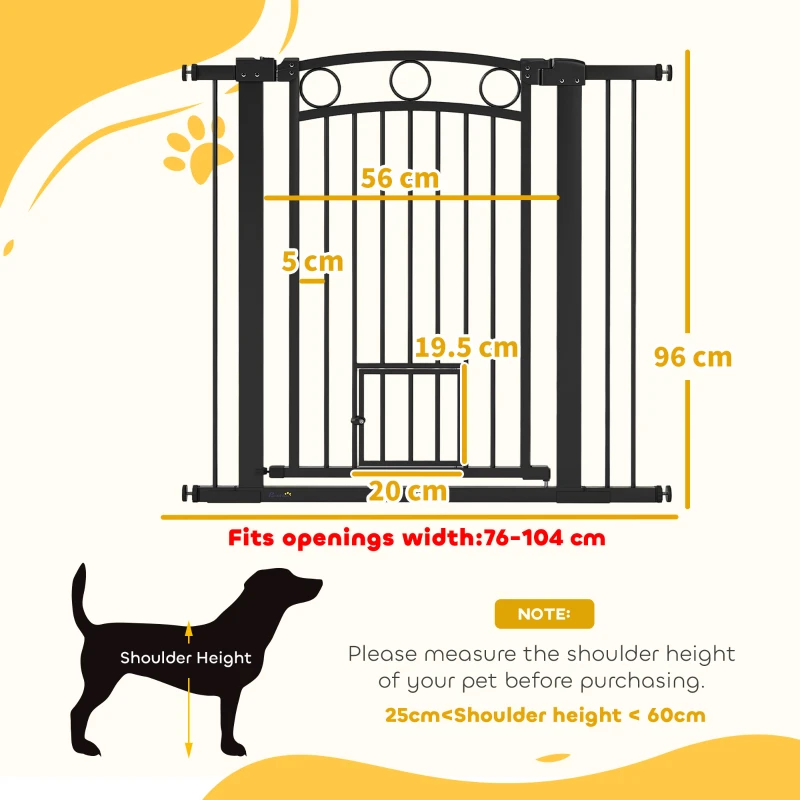 PawHut Cancelletto per Animali Domestici da 96 cm, Larghezza Regolabile da 76-104 cm, con Porticina per Gatti, Nero