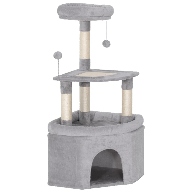 PawHut Albero tiragraffi per gatti con palo in sisal, piattaforma e rifugio, 49x49x114cm, Grigio chiaro