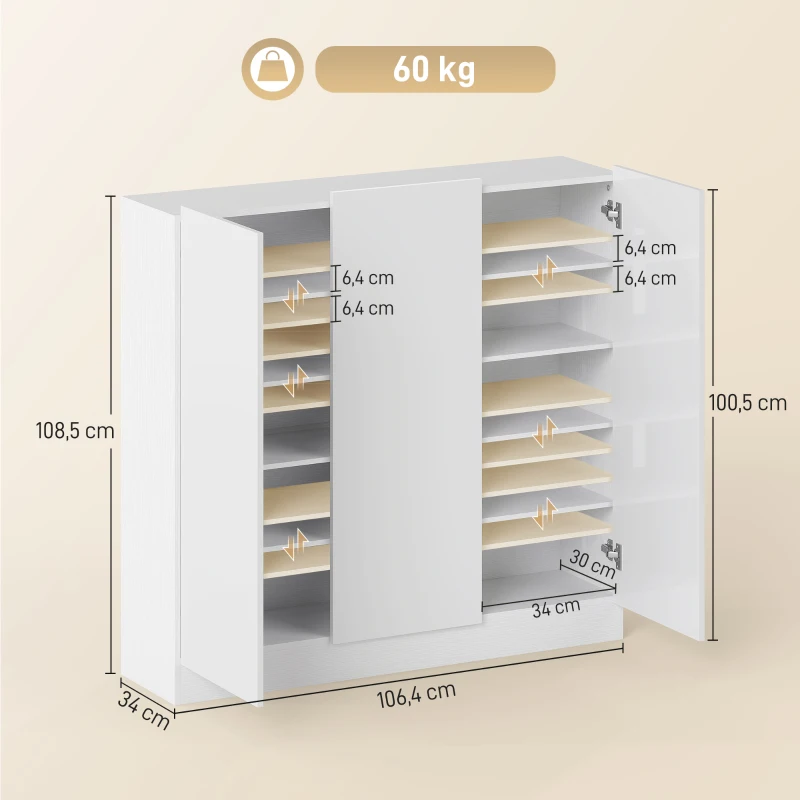 HOMCOM Szafka na buty z 10 półkami na 25-30 par butów, Otwory wentylacyjne, Drzwi z funkcją Soft-Close, MDF, Biały