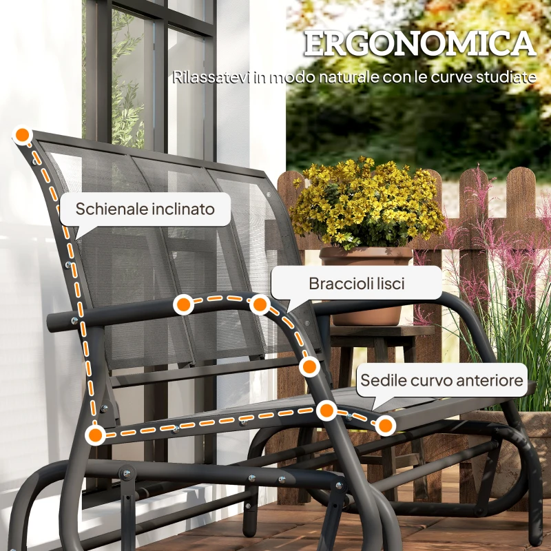Outsunny Panchina a Dondolo da Giardino a 3 Posti in Metallo e Tessuto a Rete Traspirante, 147x70x85cm, Grigio