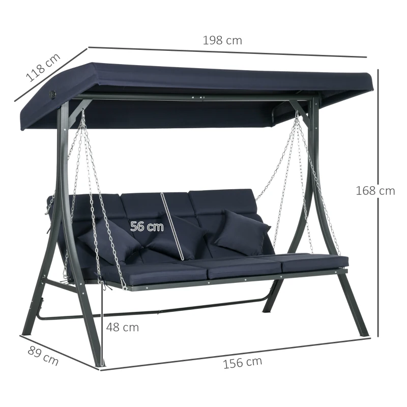 Outsunny Hollywoodschaukel Gartenschaukel, 3 Personen, verstellbares Sonnendach, 198 x 118 x 168 cm, Dunkelgrau
