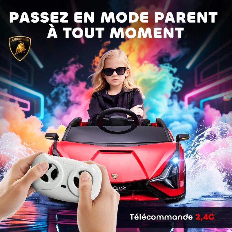 HOMCOM Voiture électrique Enfants de Sport Supercar sous Licence Lamborghini Sian 12 V - V. Max. 5 Km/h avec Télécommande 2,4G Effets sonores + Lumineux Rouge(m-5)