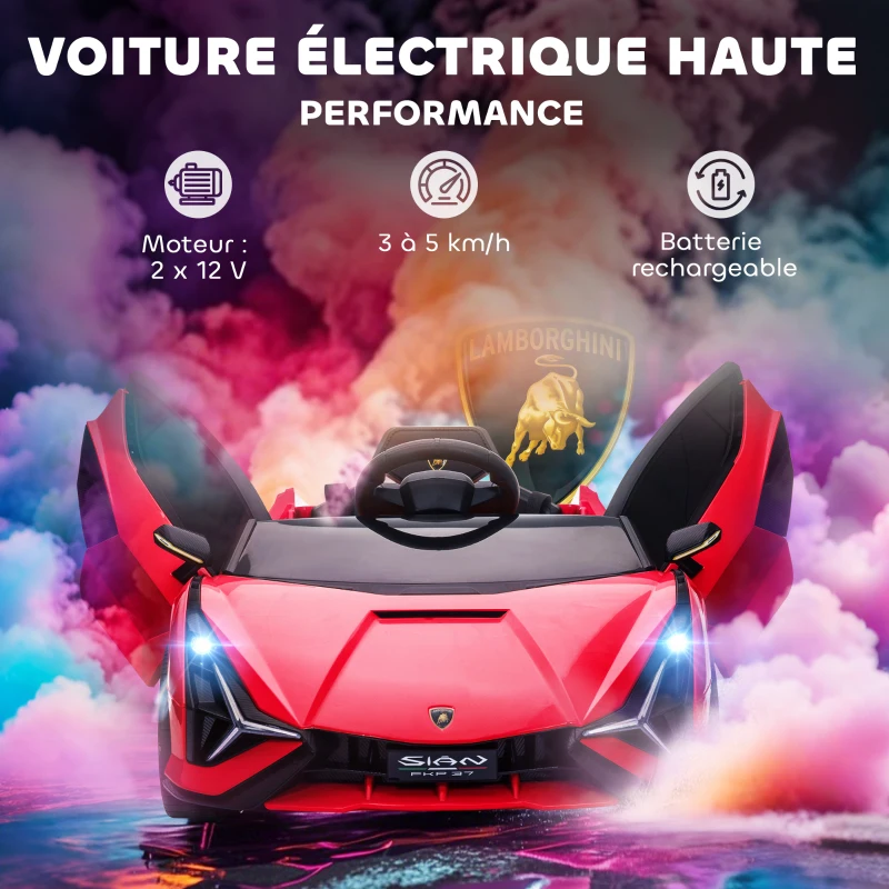 HOMCOM Voiture électrique Enfants de Sport Supercar sous Licence Lamborghini Sian 12 V - V. Max. 5 Km/h avec Télécommande 2,4G Effets sonores + Lumineux Rouge(m-4)
