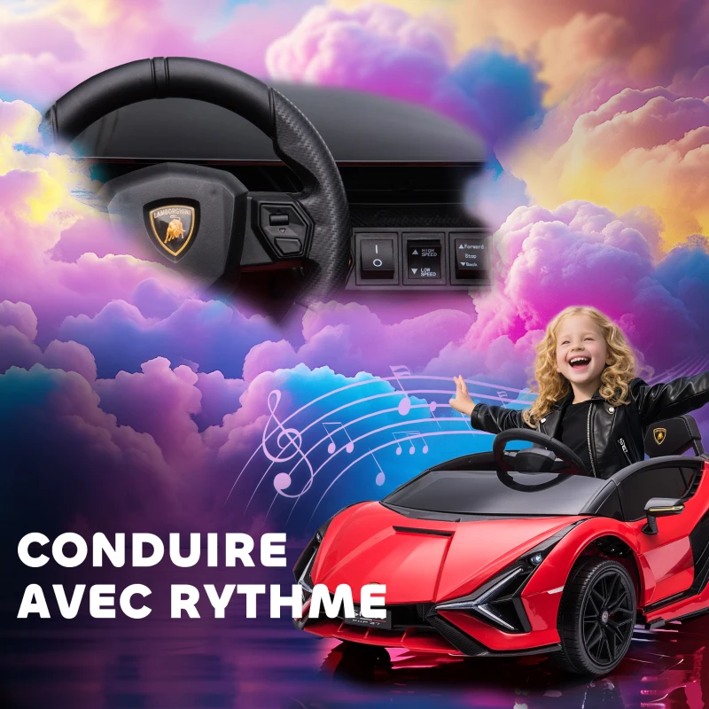 HOMCOM Voiture électrique Enfants de Sport Supercar sous Licence Lamborghini Sian 12 V - V. Max. 5 Km/h avec Télécommande 2,4G Effets sonores + Lumineux Rouge(m-7)
