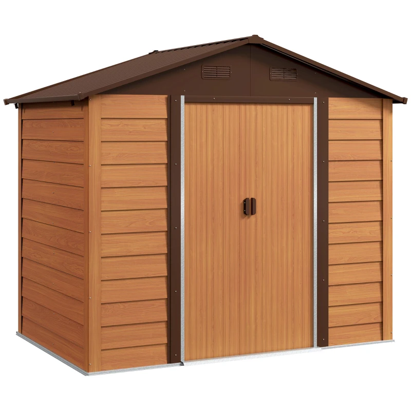 Outsunny Casetta da Giardino in Acciaio Effetto Legno con Doppie Porte Scorrevoli, 236x196x208 cm, Marrone