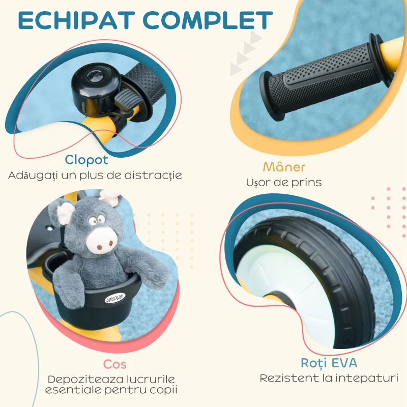 AIYAPLAY Tricicletă pentru Copii 2-5 Ani cu Scaun Reglabil și Coș Galben
