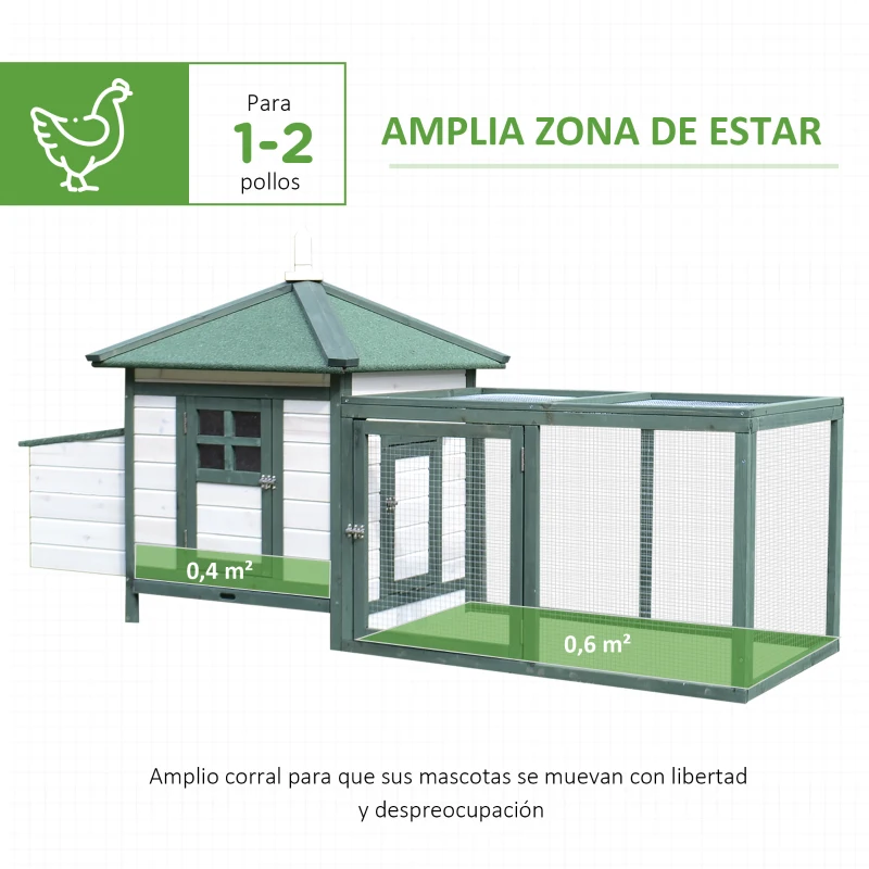 PawHut Gallinero de Madera Jaula para Gallinas de Exterior con Nido Bandeja Extraíble y Espacio para Correr 196x76x97 cm Verde