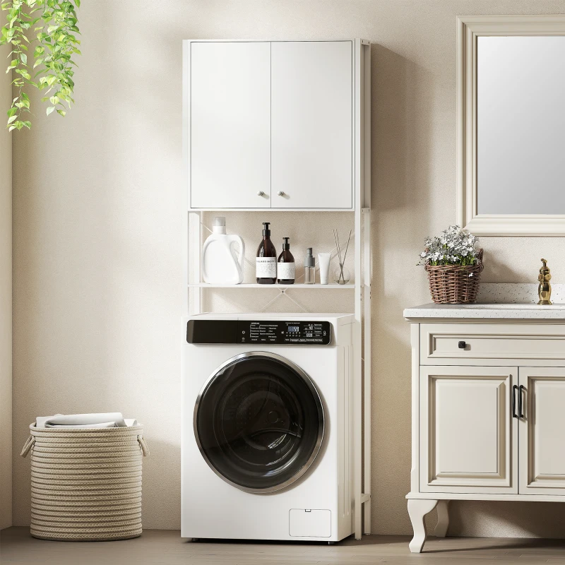 HOMCOM Badezimmer Überbau für WC und Waschmaschine mit Schrank und offenen Regalen, 64x20x180 cm, Weiß