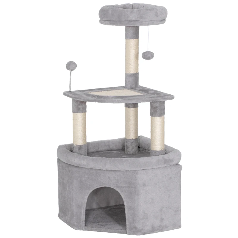 PawHut Kratzbaum mit Sisal-Kratzflächen, Plattform, Höhle, Plüschstoff, Bälle, 49x49x114cm Hellgrau