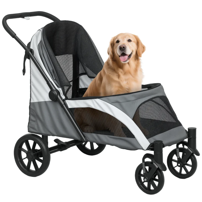 PawHut Hondenwagen, Opvouwbare Hondenbuggy voor Grote Honden, Huisdierkar met 4 Wielen, Veiligheidslijnen, Remmen, Donkergrijs
